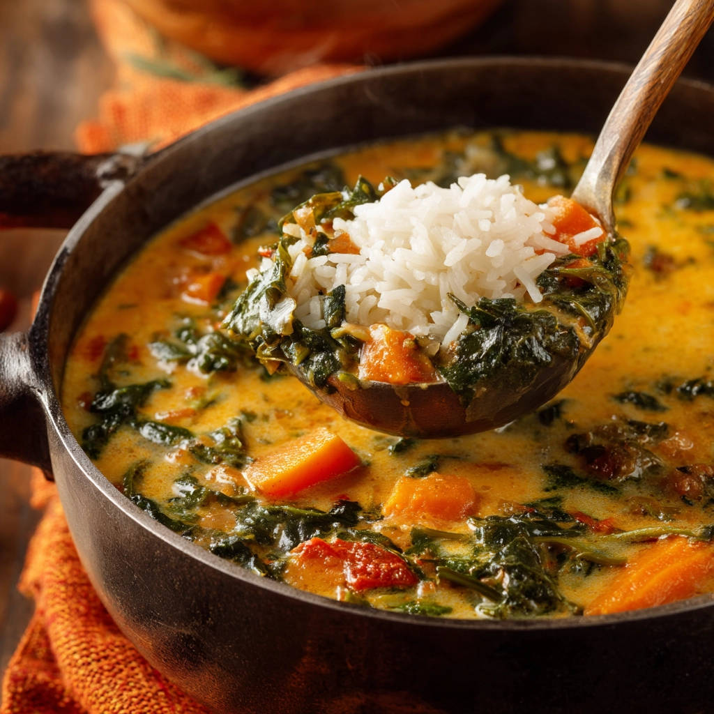 Creamy sweet potato and kale stew shown with a spoonful of fluffy white rice being lifted from the pot.