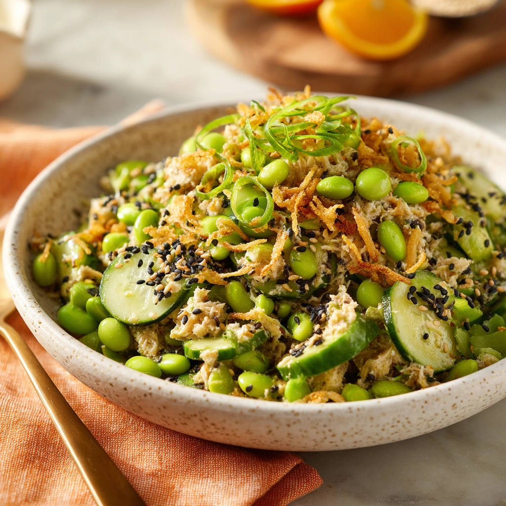 Creamy tuna edamame salad with a close-up view of the fresh green onion and crispy fried onion garnish.
