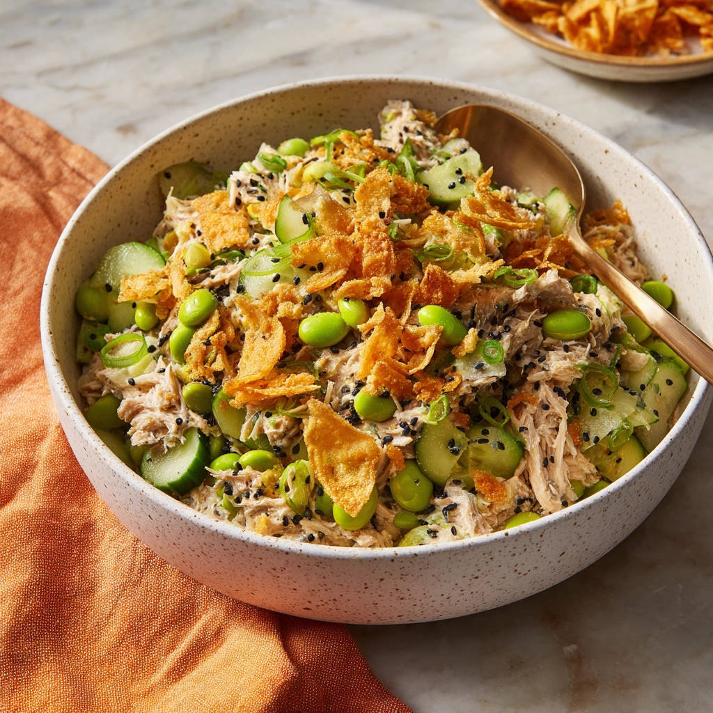 Creamy tuna edamame salad in a speckled bowl, garnished with crispy toppings and sesame seeds.
