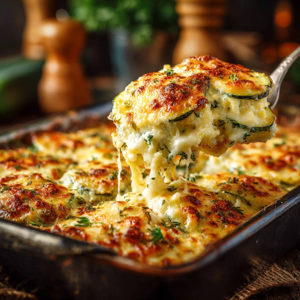 Creamy zucchini bake, a cheesy slice being lifted from the dish, showcasing its melted cheese and herbs.