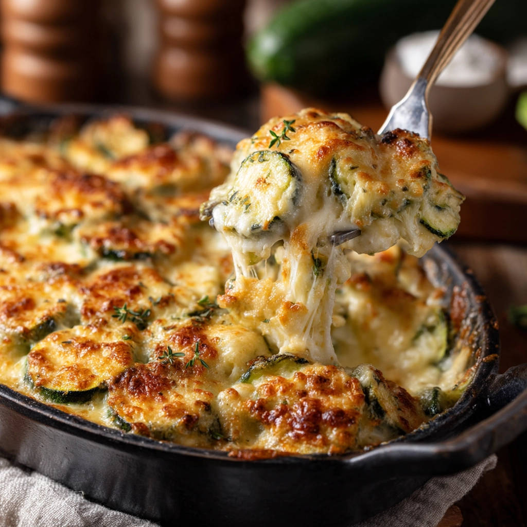 Creamy zucchini bake with a fork lifting a cheesy portion, showcasing melted cheese strands.