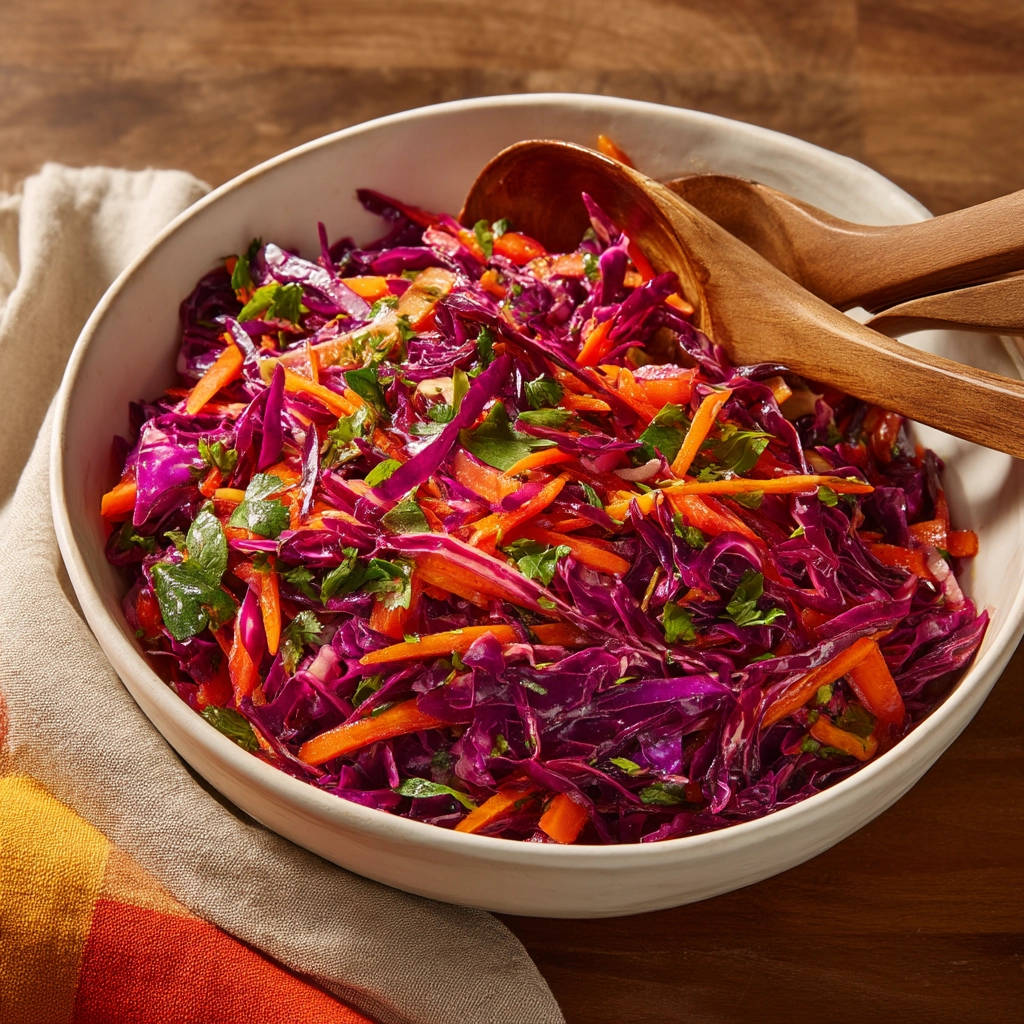 Crisp coleslaw with red cabbage and carrots served in a white bowl with wooden salad servers.