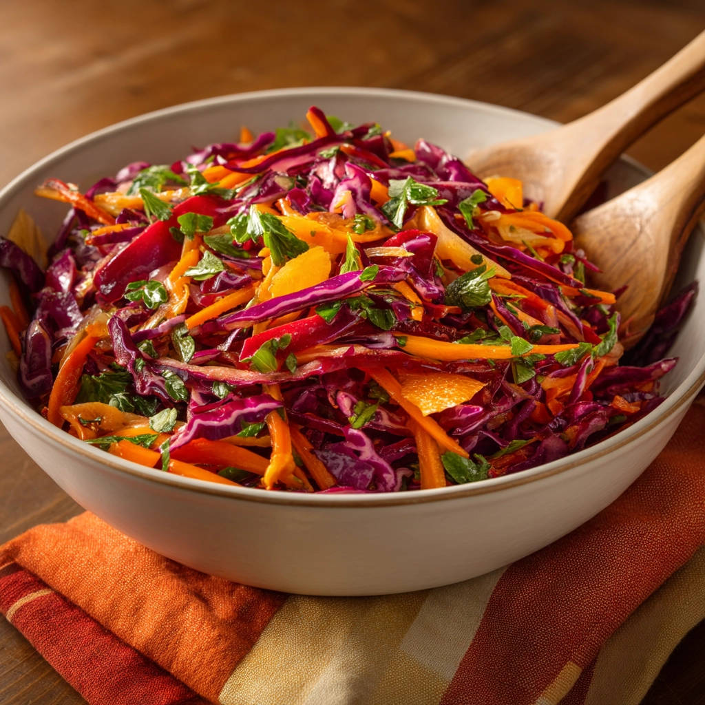 Crisp coleslaw in a bowl with wooden serving spoons, featuring red cabbage and carrots.