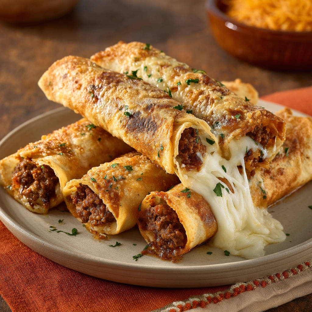 Crispy beef and cheese roll-ups with a gooey cheese pull, showcasing the golden-brown exterior and cheesy filling.