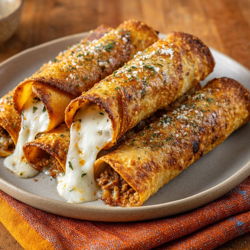 Crispy beef &amp; cheese roll-ups oozing with melted cheese and sprinkled with parsley, shown in a close-up view.