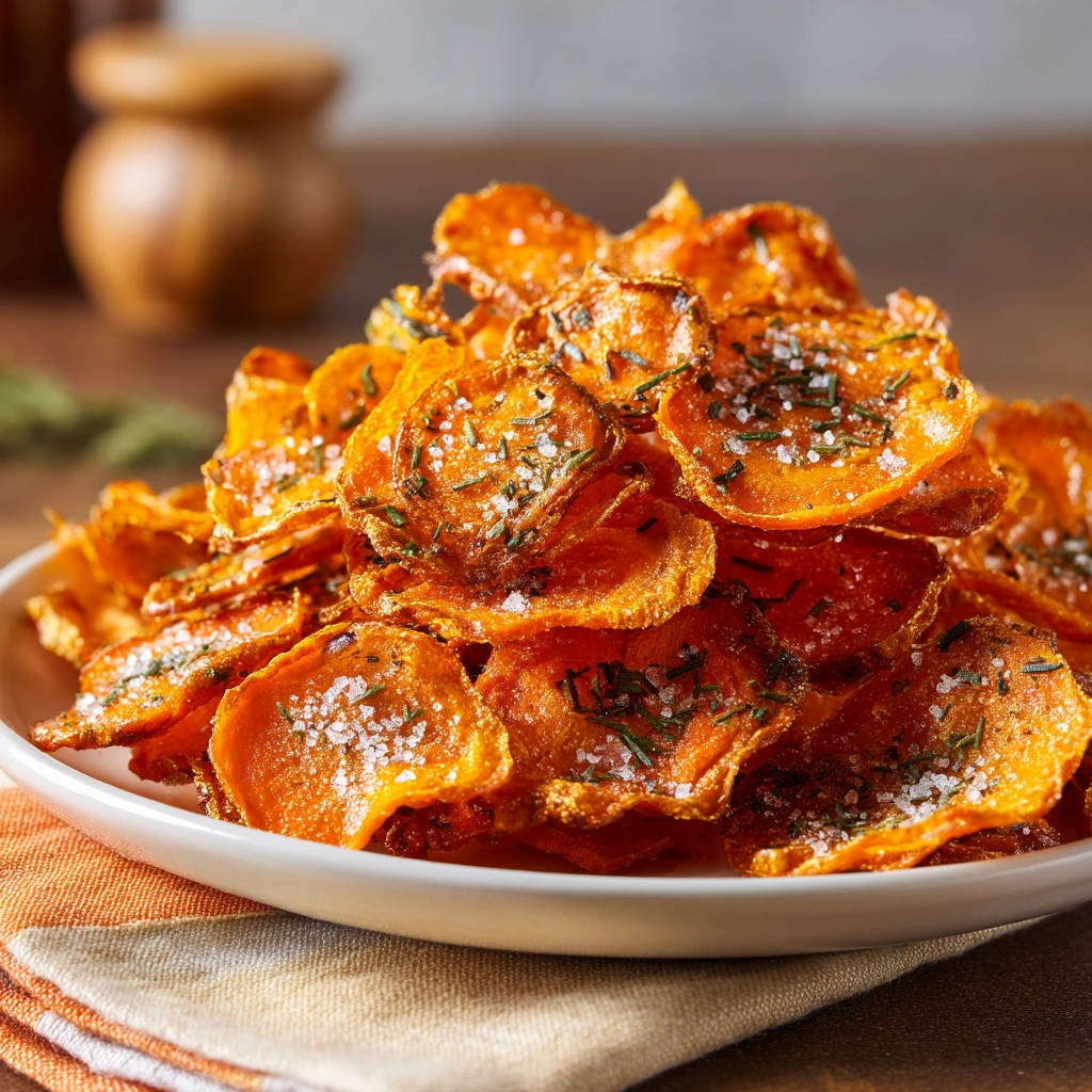 Crispy carrot chips piled high on a white plate, seasoned with salt and herbs, presented as a tempting snack.