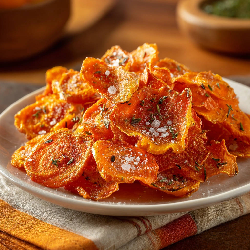 Crispy carrot chips plated and sprinkled with coarse salt and herbs, showcasing their vibrant orange color and texture.