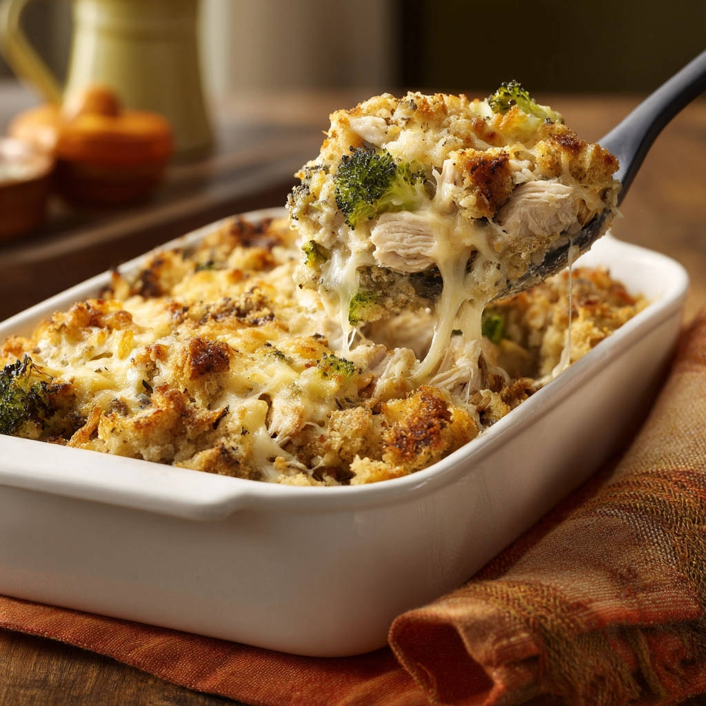 Crispy chicken and broccoli casserole being served, with melted cheese stretching from the spoonful.