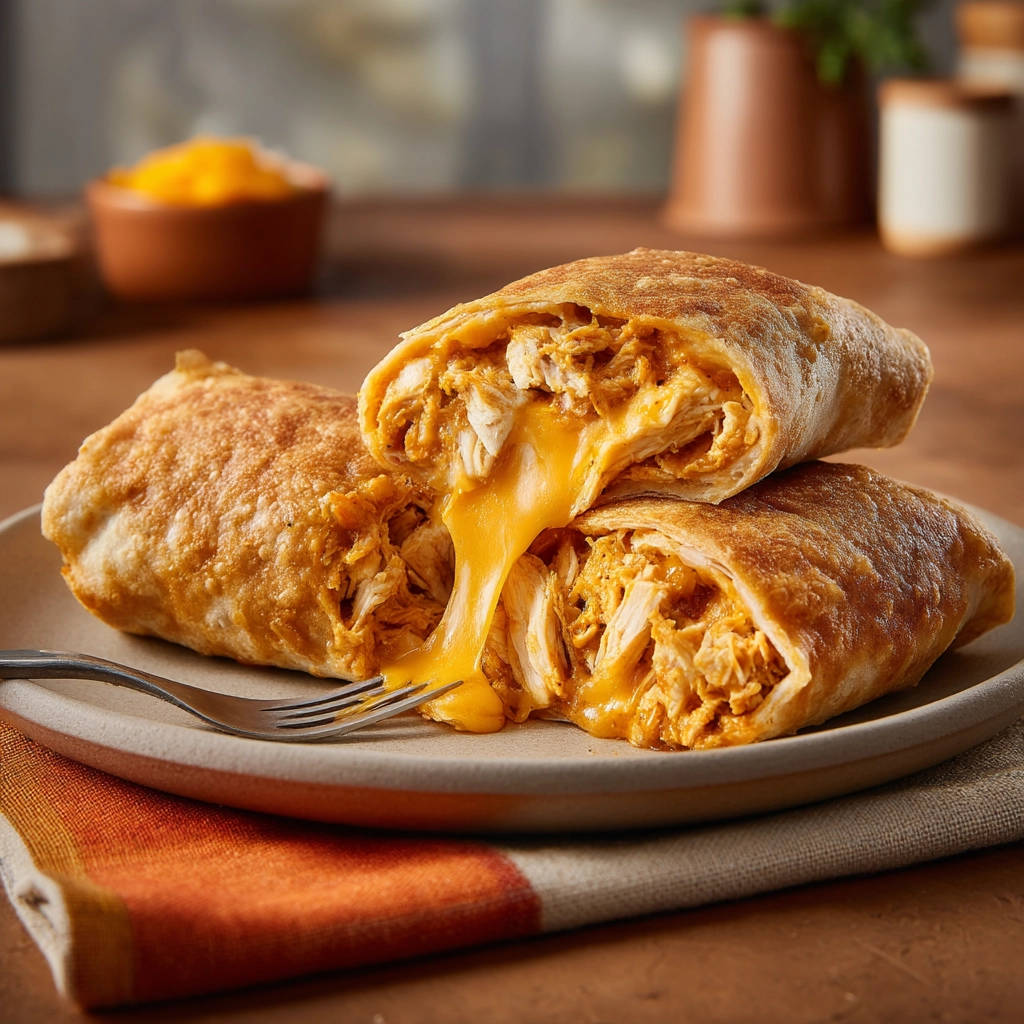 Crispy chicken chimichangas cross-section showing a generous cheese pull and shredded chicken filling.
