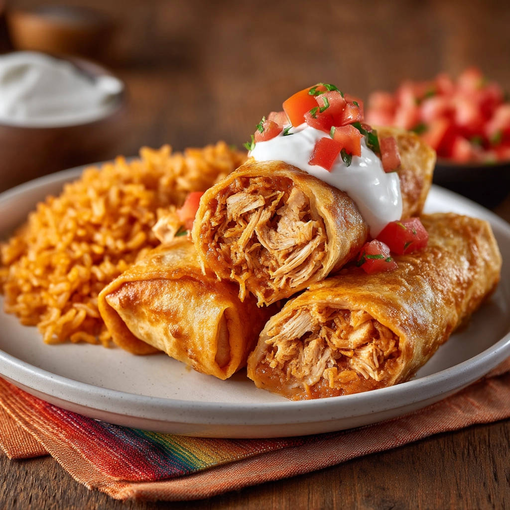 Crispy chicken taquitos with a cross-section revealing the shredded chicken filling, topped with sour cream and tomatoes.