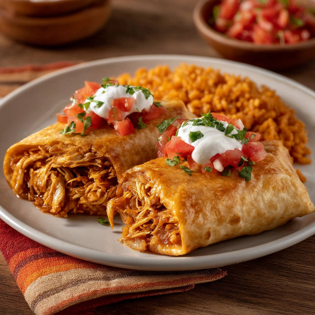 Crispy chicken taquitos plated with a close-up view showing the shredded chicken filling and toppings.