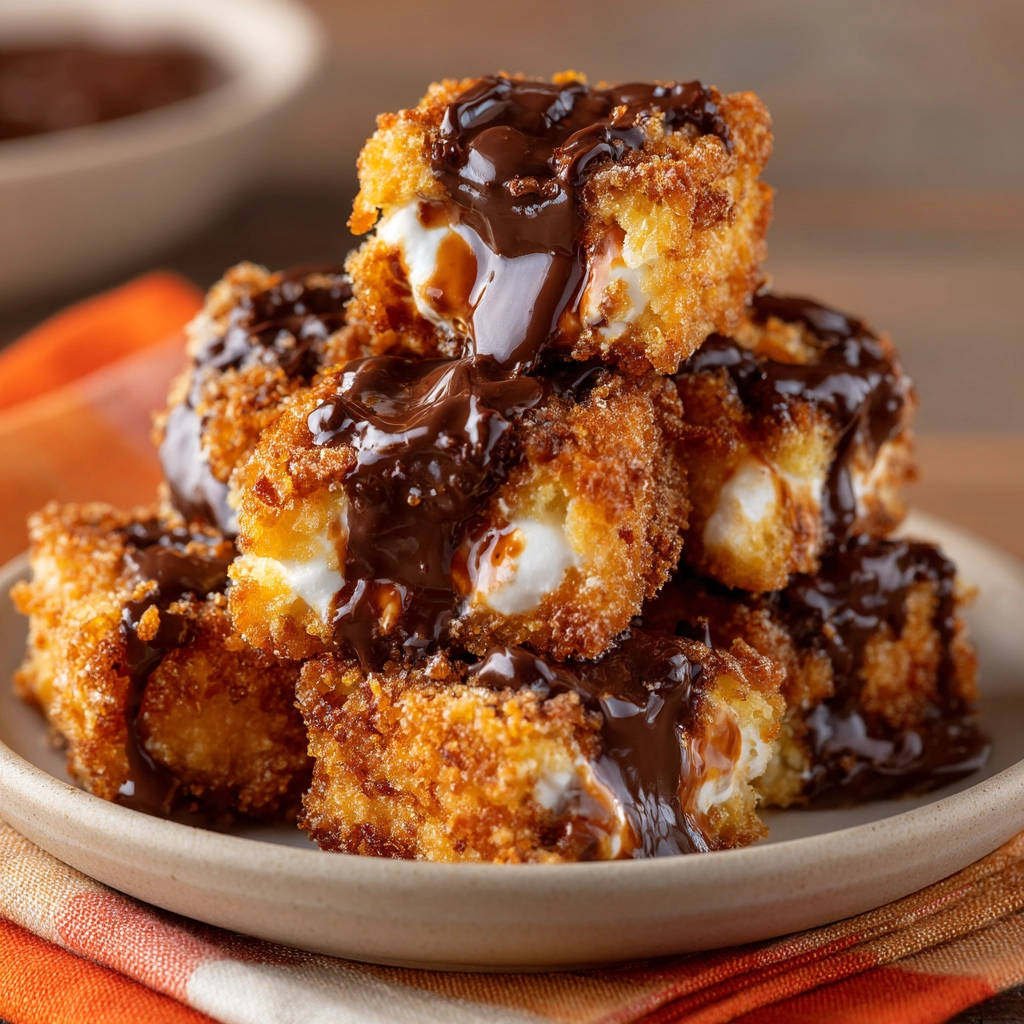 Crispy coconut fried bites stacked and drizzled with chocolate sauce, showing a gooey marshmallow interior.