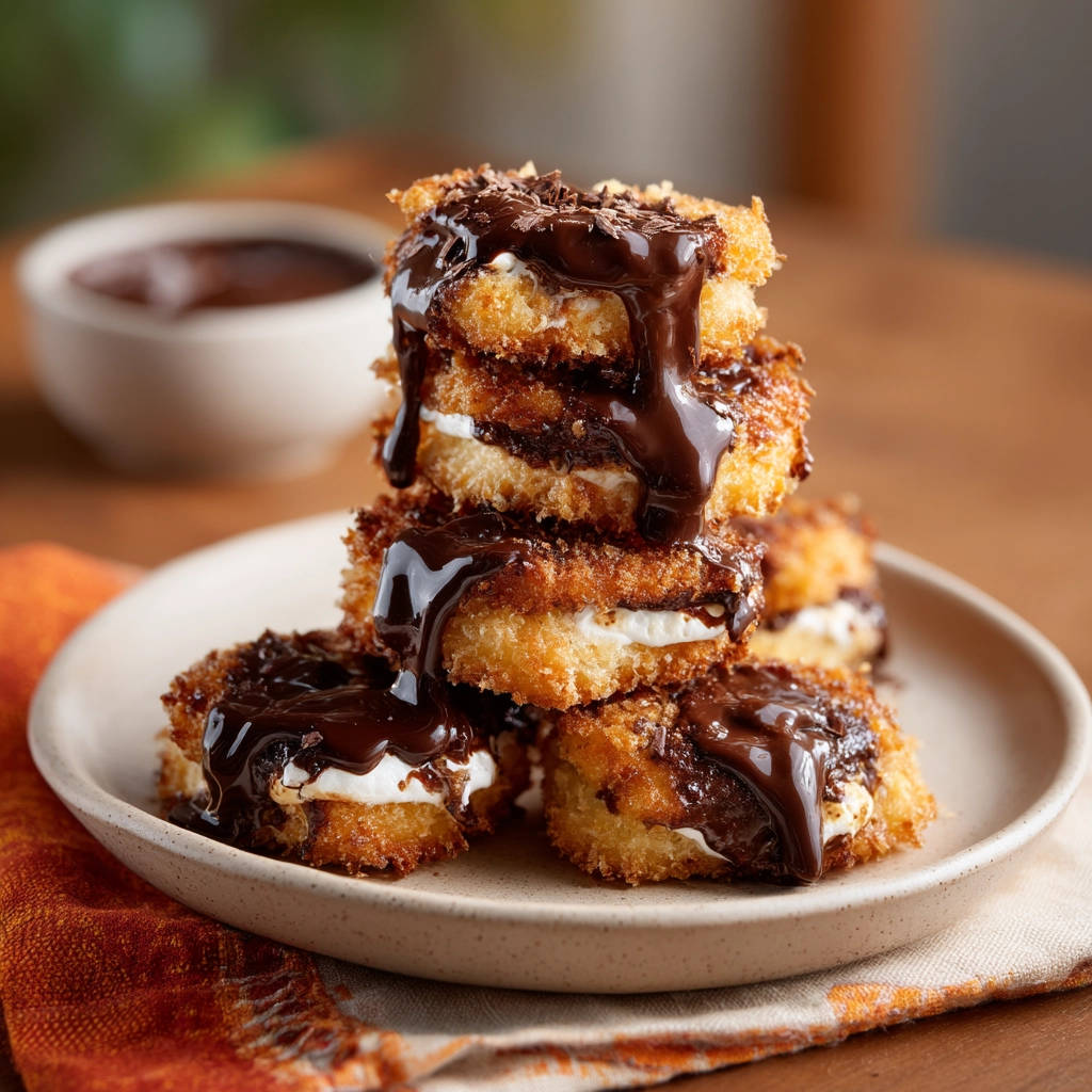 Crispy coconut fried bites stacked high and drizzled with rich chocolate sauce on a plate.