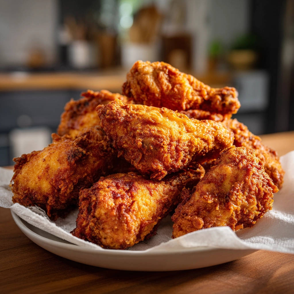 Easy crispy fried chicken bites piled high on a white plate lined with paper towels.