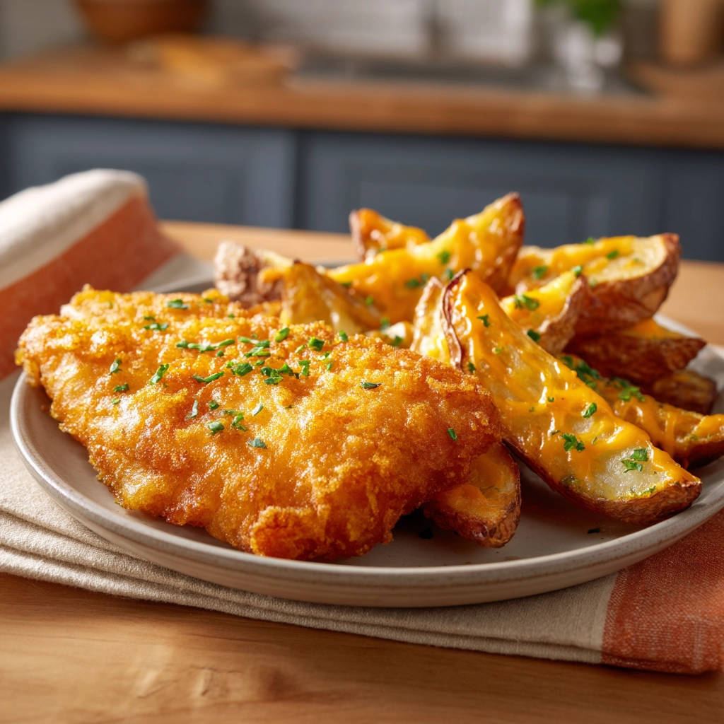 Crispy fried fish with cheesy wedges, served on a plate and shown in a close-up view with chives as garnish.