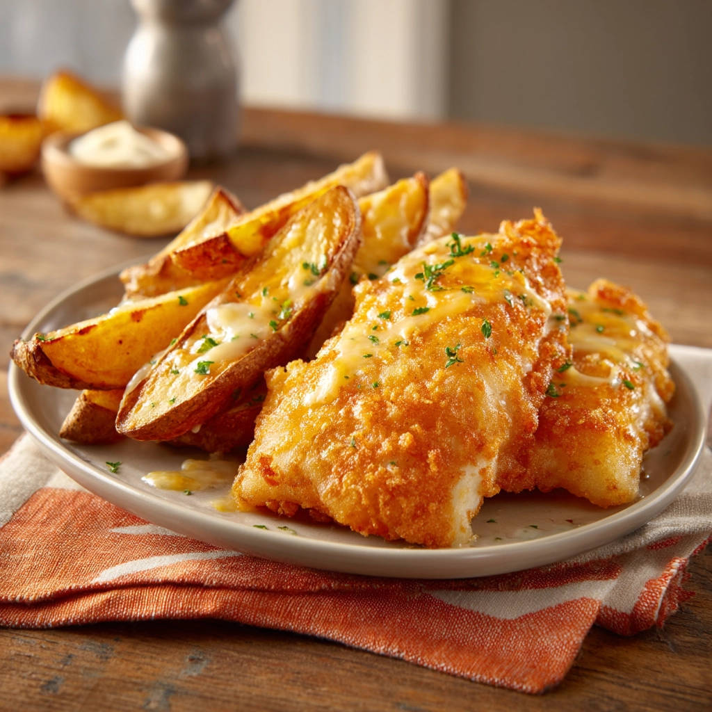 Crispy fried fish with cheesy wedges plated with a drizzle of sauce and parsley garnish.
