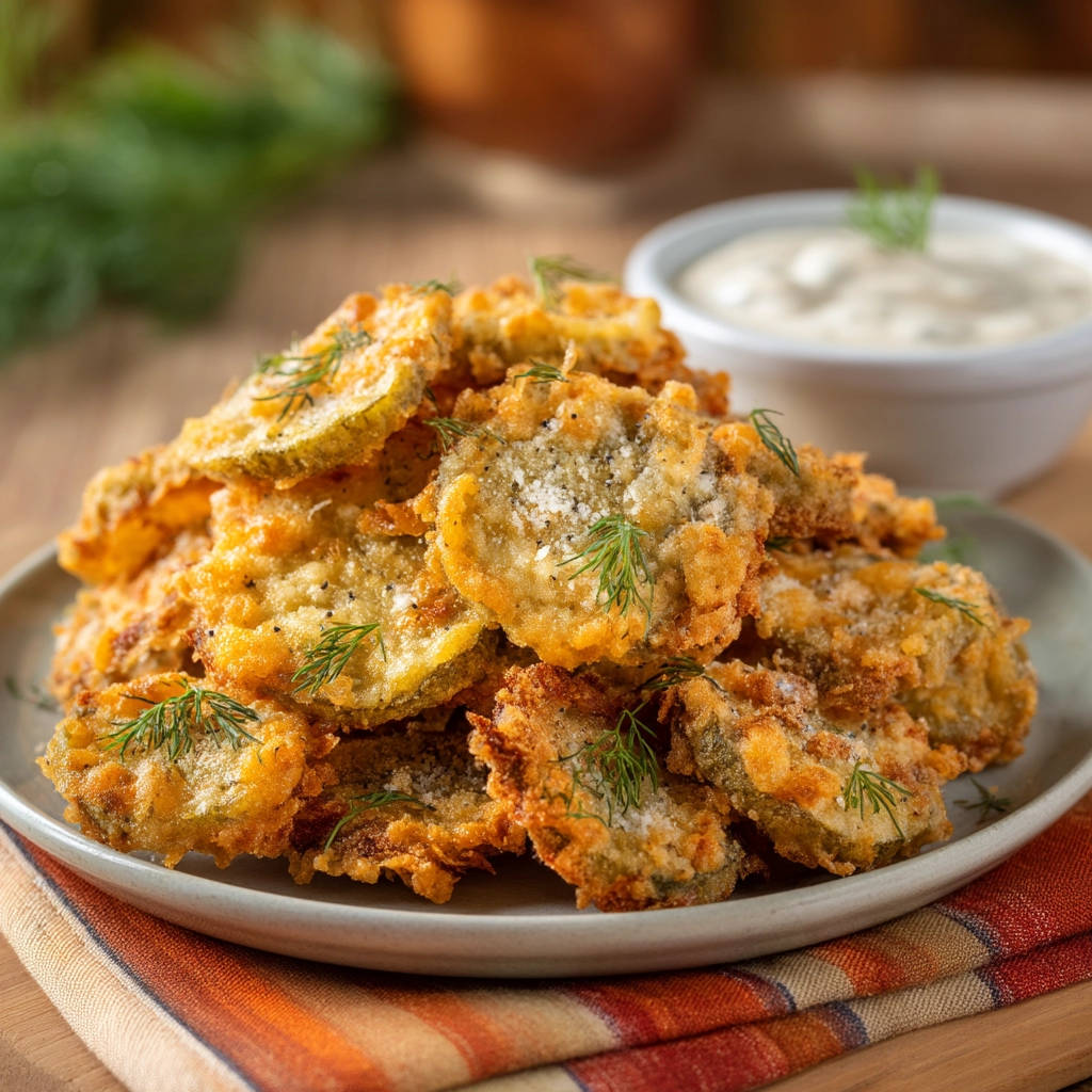 Crispy fried pickles piled high on a plate with a side of dipping sauce and dill garnish.