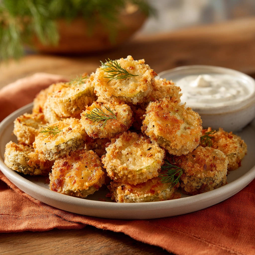 Crispy fried pickles are piled high on a plate next to a bowl of dipping sauce and garnished with dill.