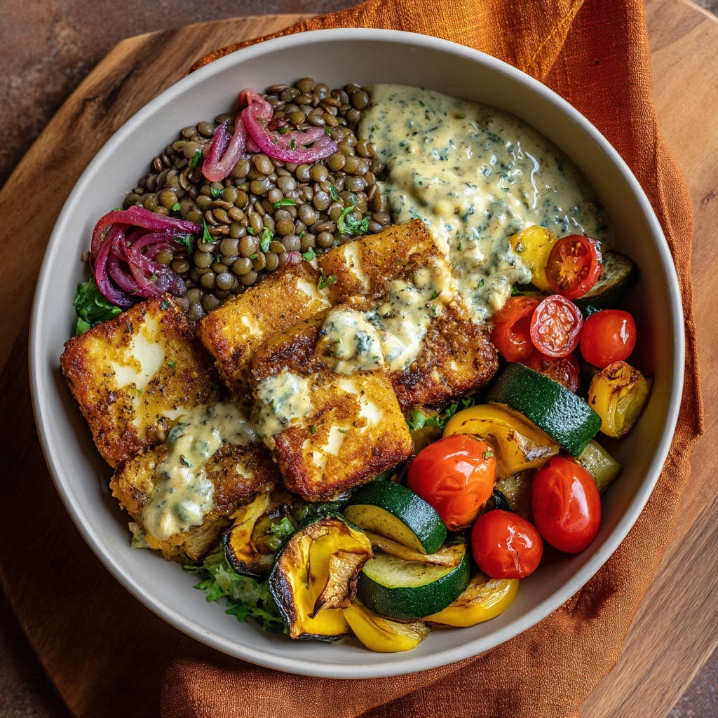 Crispy halloumi power bowl with roasted vegetables and lentils, presented in a bowl from an overhead perspective.