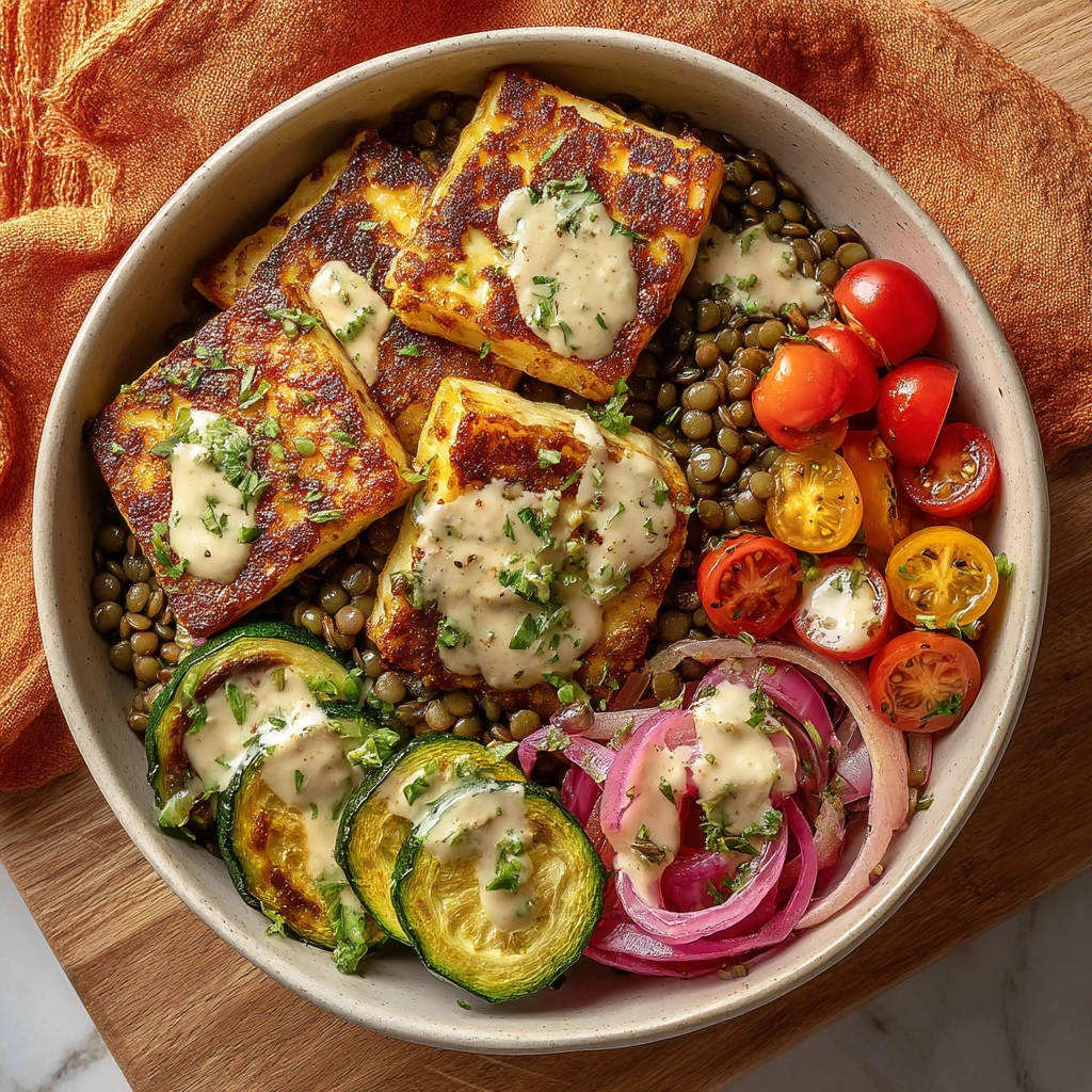 Crispy halloumi power bowl with roasted veggies served in a bowl, shown from a top-down perspective.