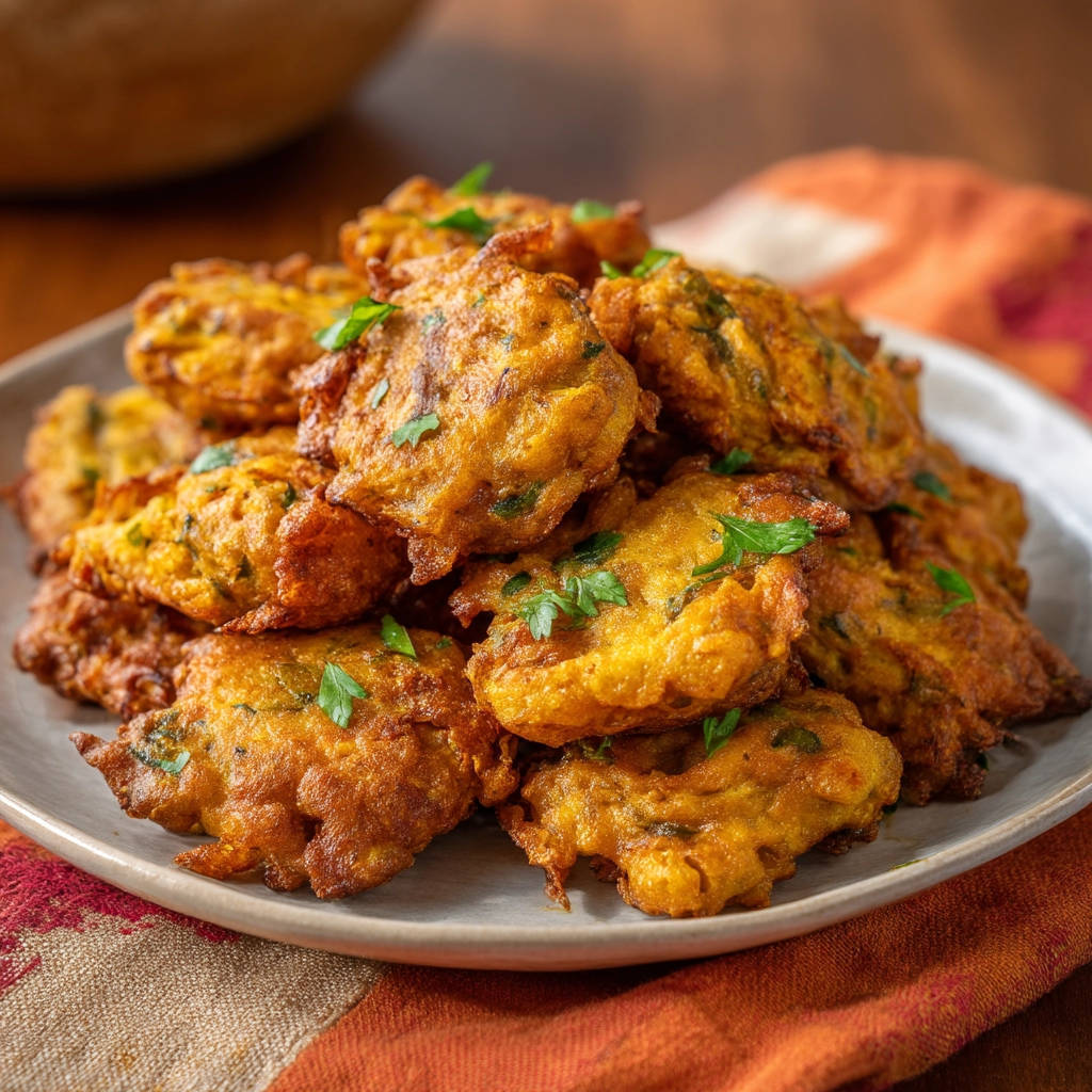 Crispy herb fritters piled high on a plate, garnished with fresh parsley for a vibrant finish.