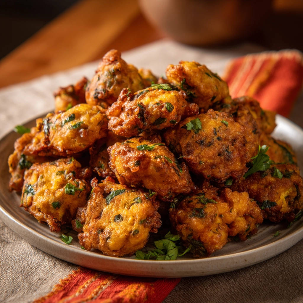 Crispy herb fritters piled high on a plate, garnished with fresh parsley, showcasing their golden-brown texture.