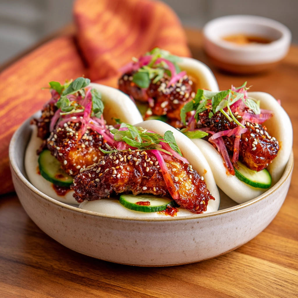 Crispy sesame chicken bao in a bowl, showcasing the glazed chicken, pickled onions, and cucumber.