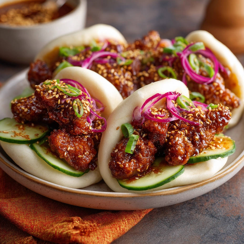 Crispy sesame chicken bao with pickled red onion, cucumber, and scallion garnish on a plate.