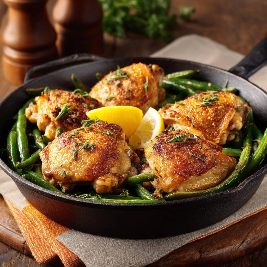 Crispy skillet chicken thighs with green beans served in a cast iron pan with a lemon wedge garnish.