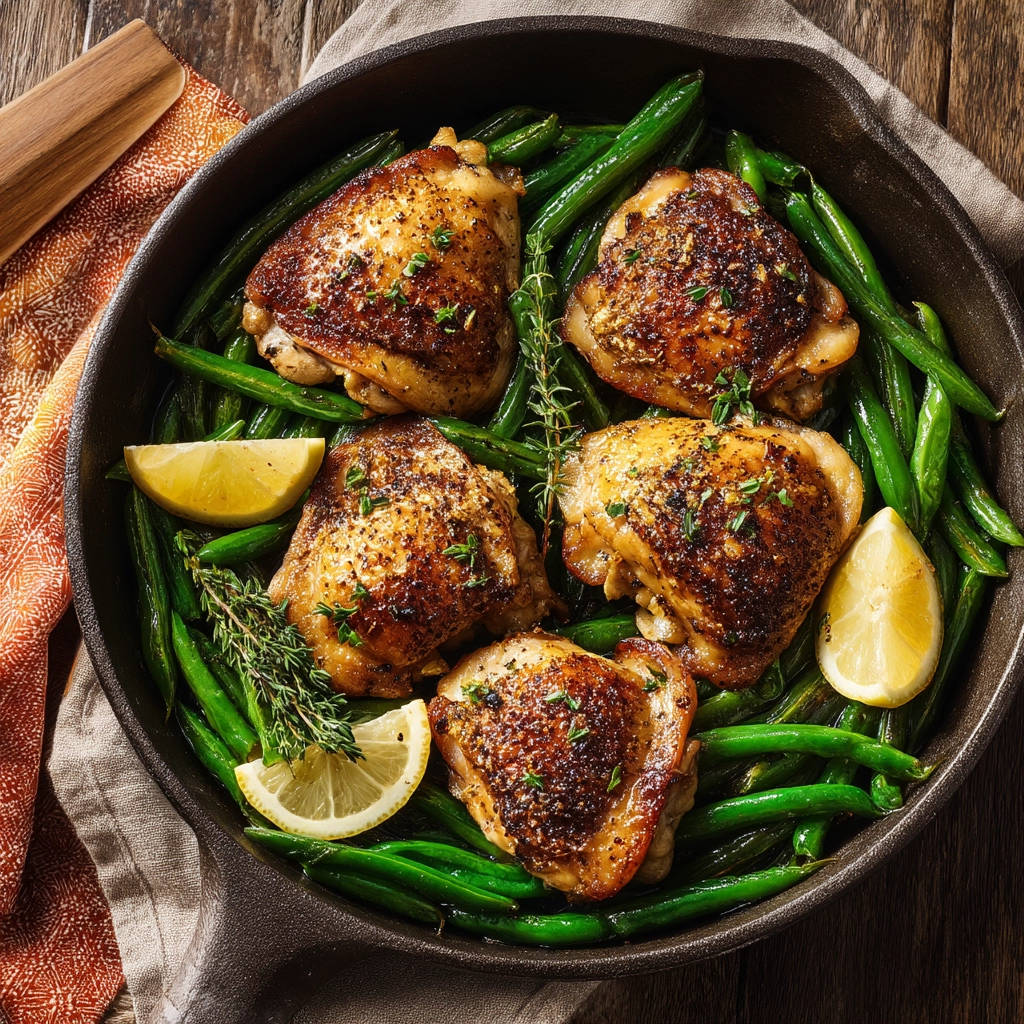 Crispy skillet chicken thighs with green beans presented in a cast-iron pan from an overhead perspective.