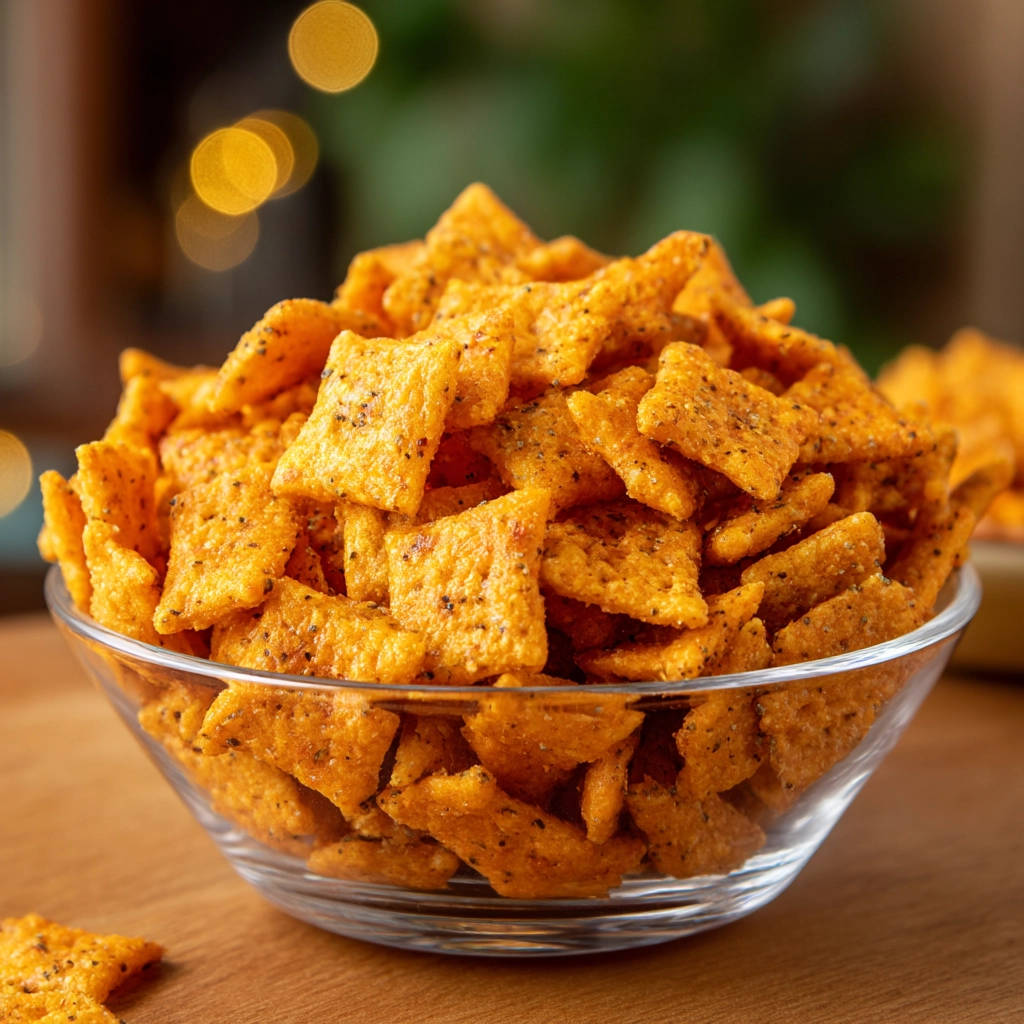 Crispy snack squares are piled high in a clear glass bowl, seasoned with spices.