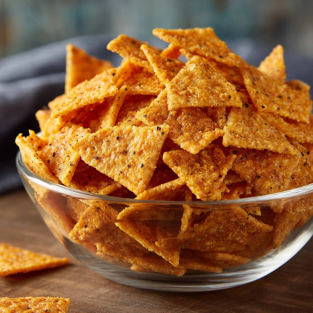 Crispy snack squares seasoned with black pepper, piled high in a clear glass bowl on a wooden surface.