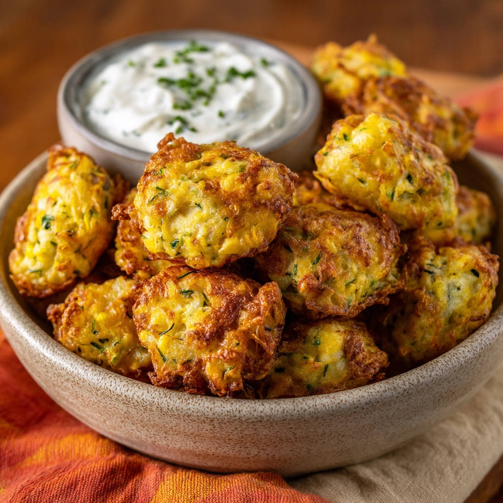 Crispy zucchini fritters served in a bowl with a creamy herb dip, showcasing their golden-brown texture.