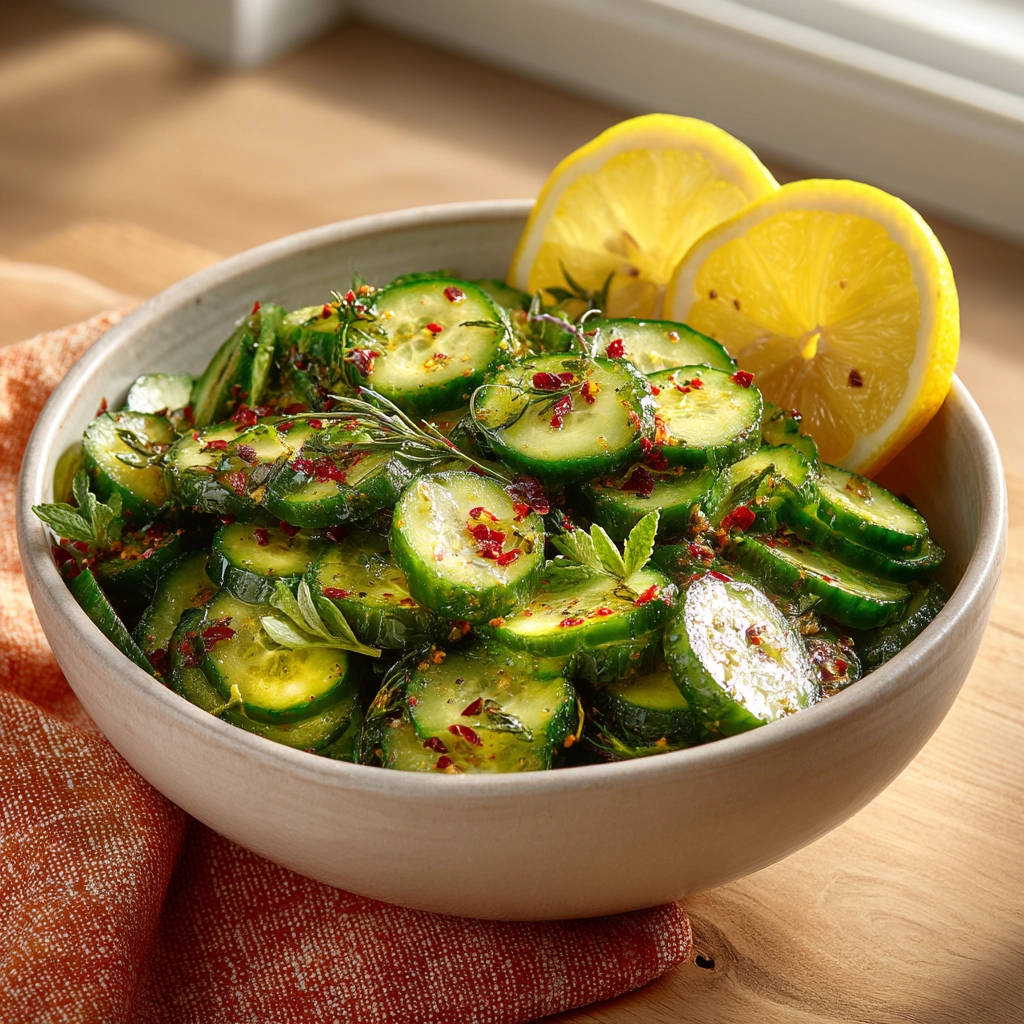 Cucumber salad that stays crisp, served in a bowl with lemon slices and garnished with fresh herbs and red pepper flakes.