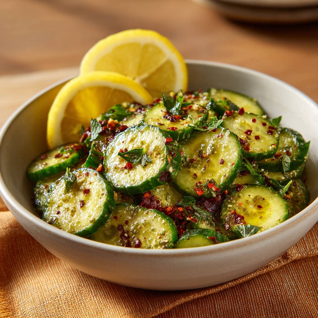 Cucumber salad that stays crisp, served in a bowl with lemon slices and fresh mint garnish.