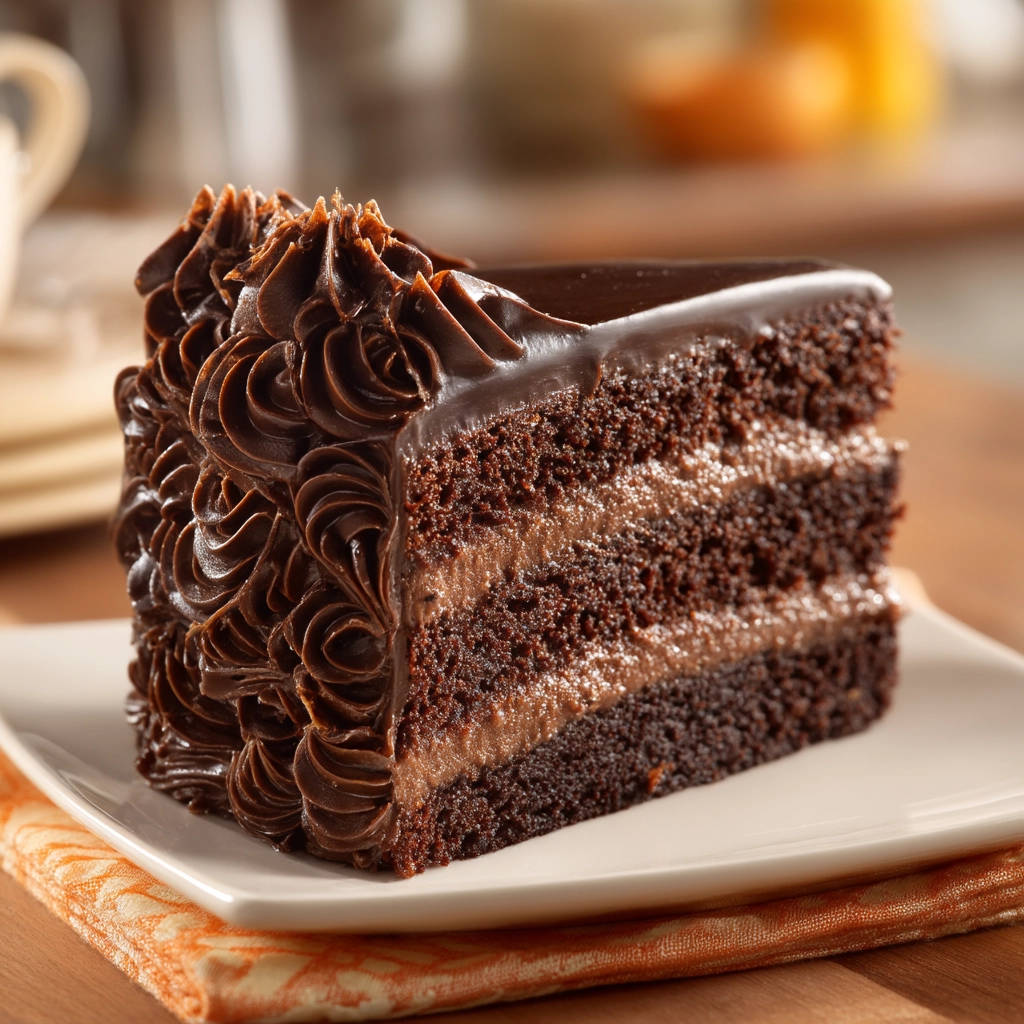 Decadent chocolate cake recipe shown as a tall, layered cross-section slice with rich chocolate frosting.