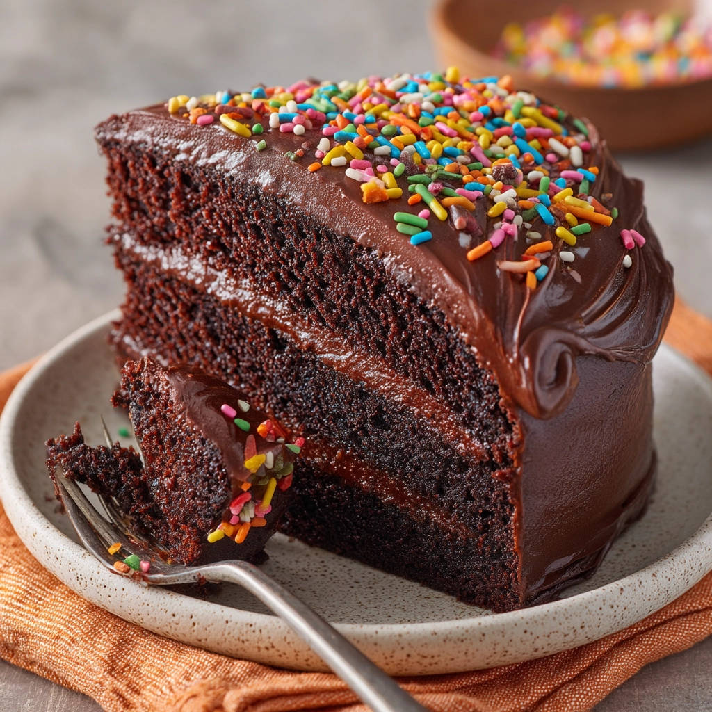 Decadent chocolate cake cross-section with rich frosting and colorful sprinkles on a fork, showcasing its moist crumb.