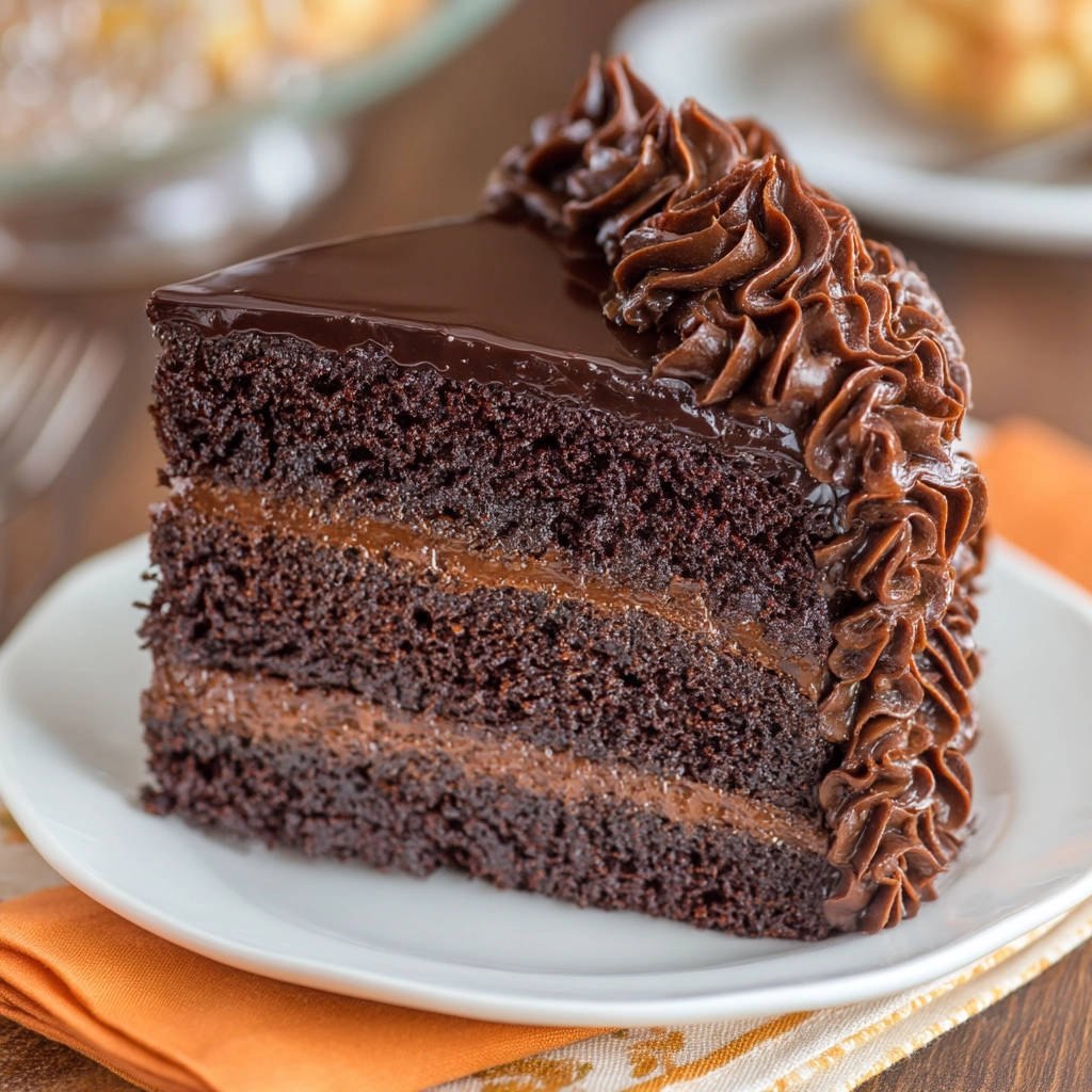 Decadent chocolate cake recipe shown as a rich cross-section slice with layers of chocolate cake and frosting.