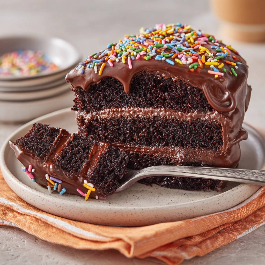 Decadent chocolate cake slice with chocolate frosting and colorful sprinkles, shown with a fork taking a bite.