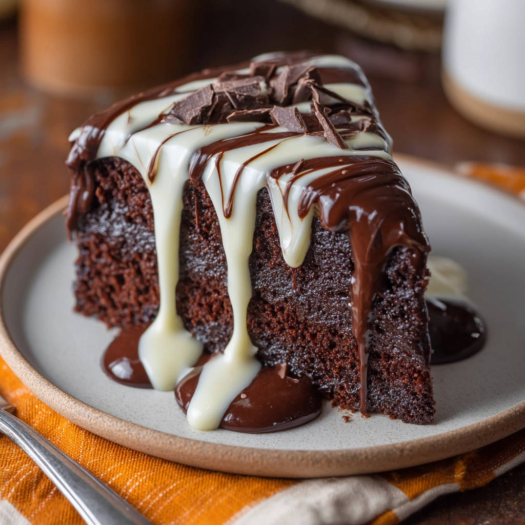 Deep chocolate cake slice, generously drizzled with dark and white chocolate ganache and topped with chocolate shavings.