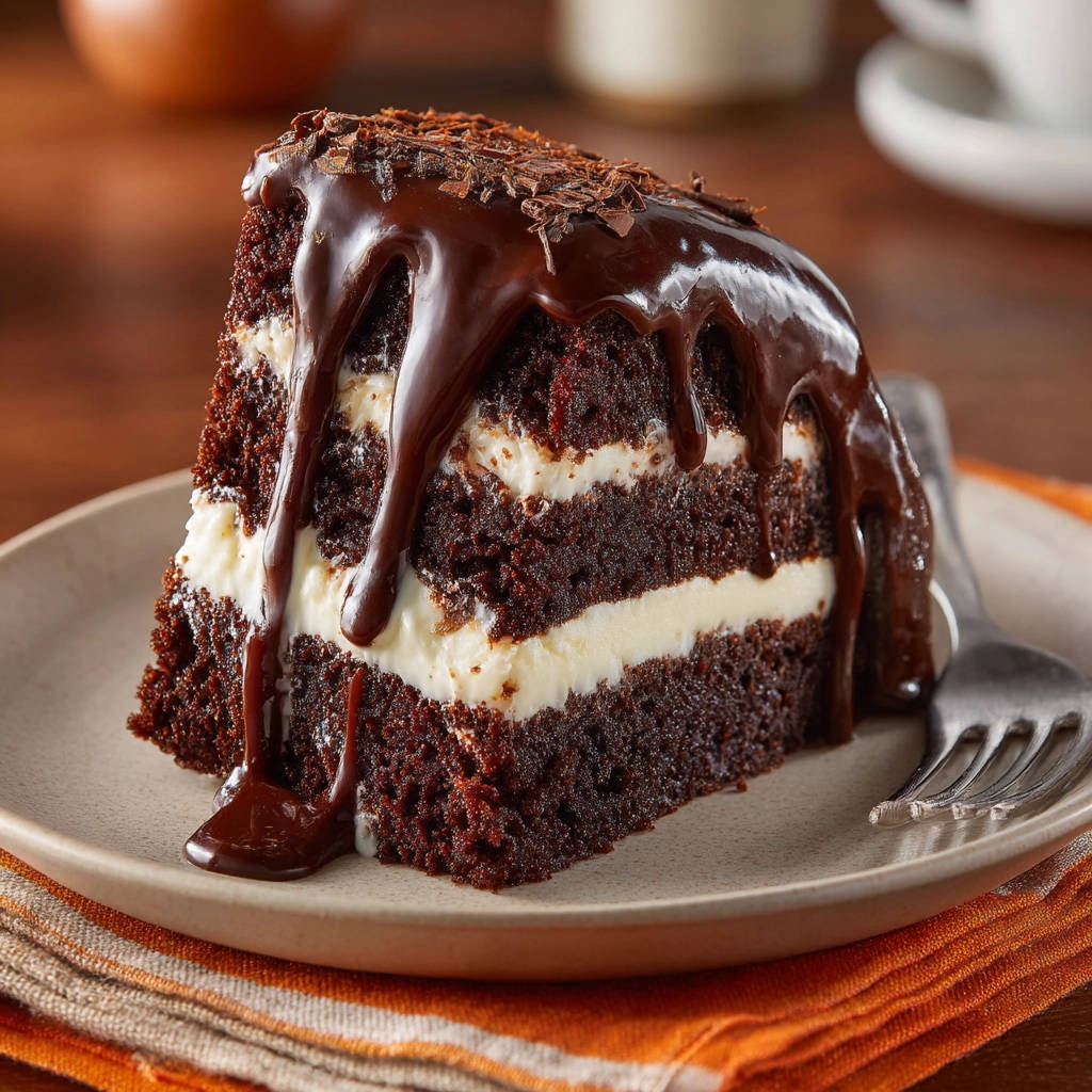 Deep chocolate cake slice with creamy filling and rich chocolate glaze, a decadent dessert.