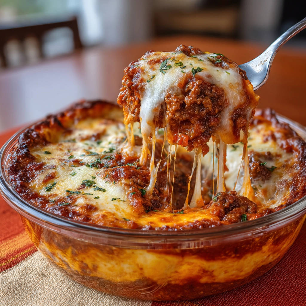 Delicious deep dish meaty bake with a fork lifting a cheesy portion showing a satisfying cheese pull.