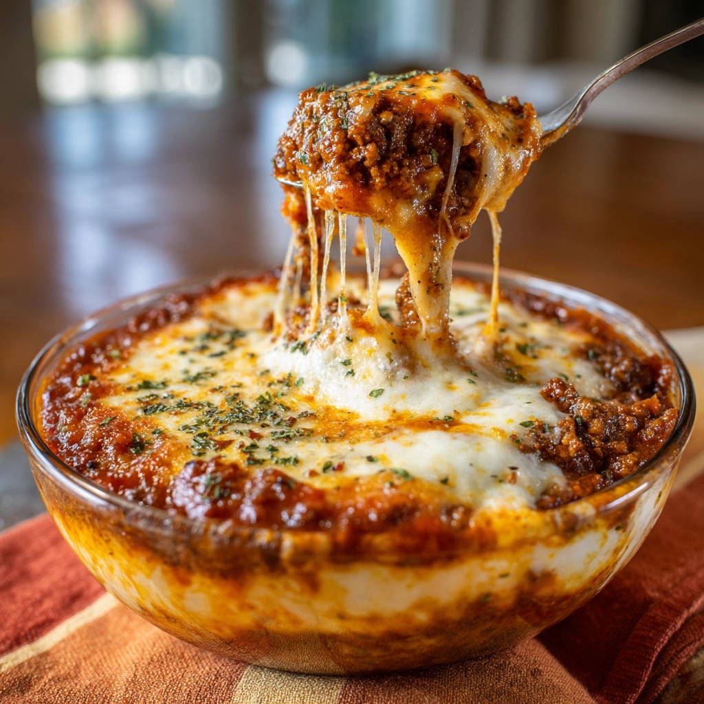 Delicious deep dish meaty bake with a spoonful of cheesy pasta being lifted out of the dish.