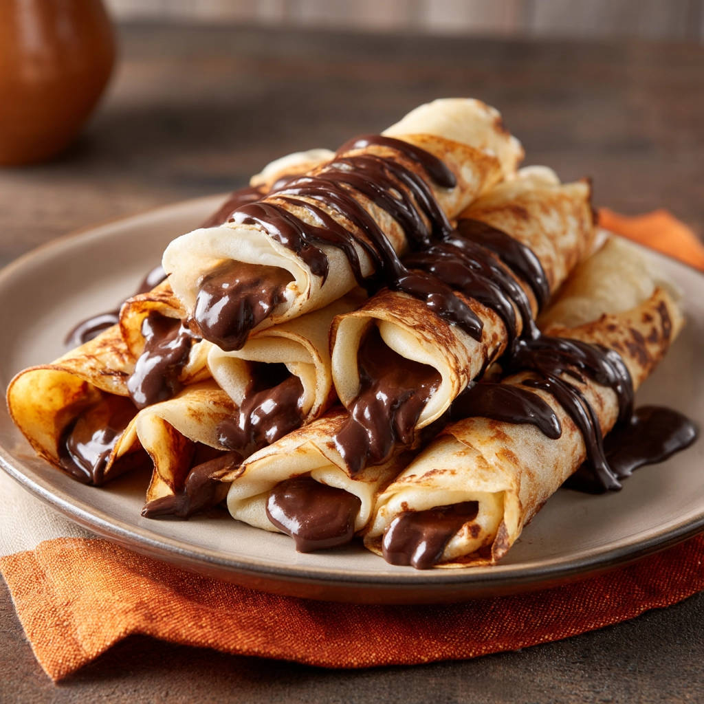 Easy chocolate crepes generously drizzled with chocolate sauce, showcasing a rich, gooey filling in a close-up view.