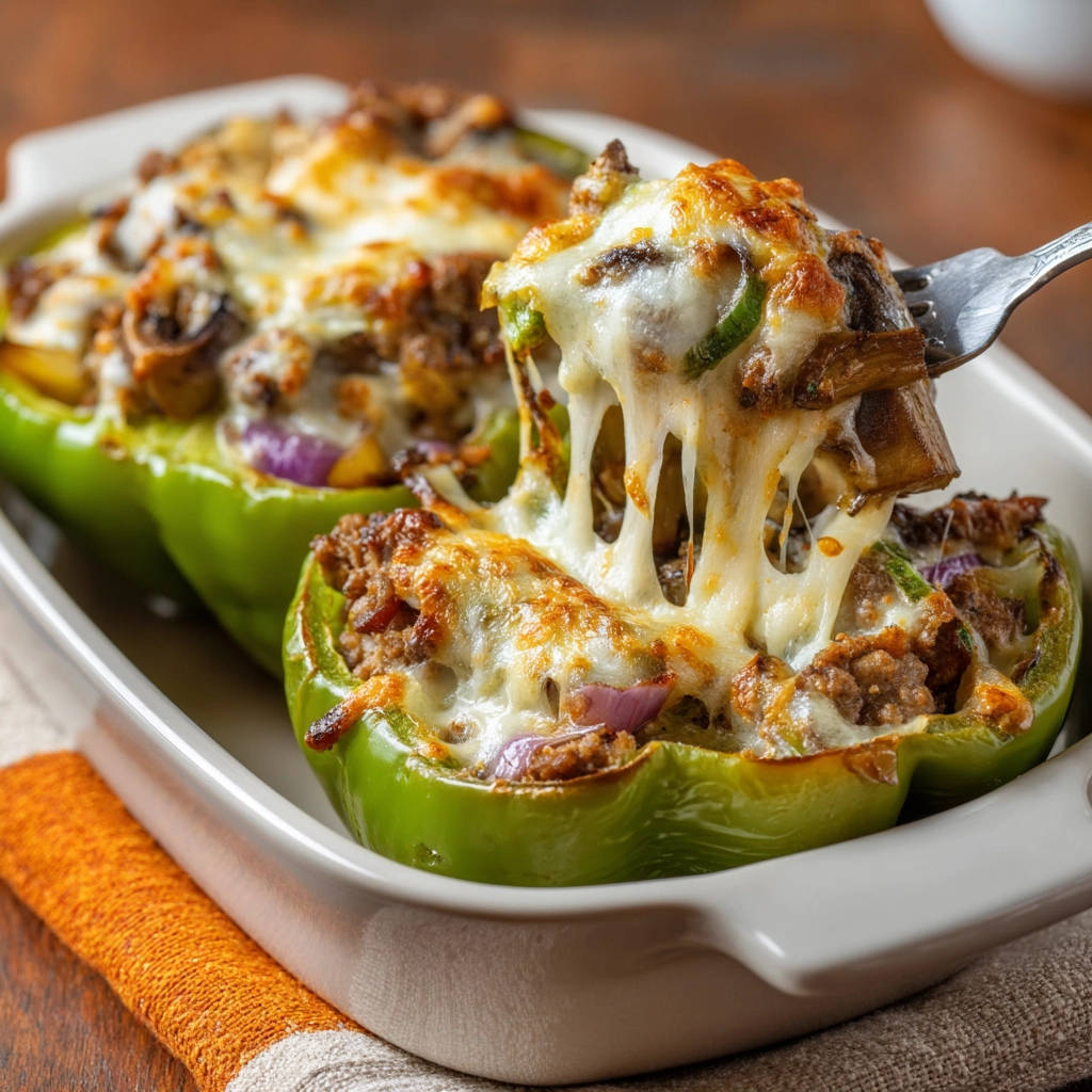 Easy classic stuffed green peppers with a fork pulling out a cheesy bite, showing melted cheese.