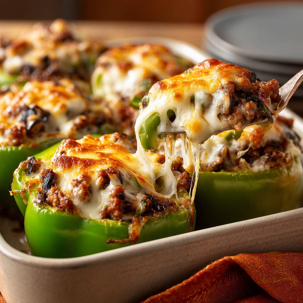 Easy classic stuffed green peppers being lifted with a fork showing a gooey cheese pull.