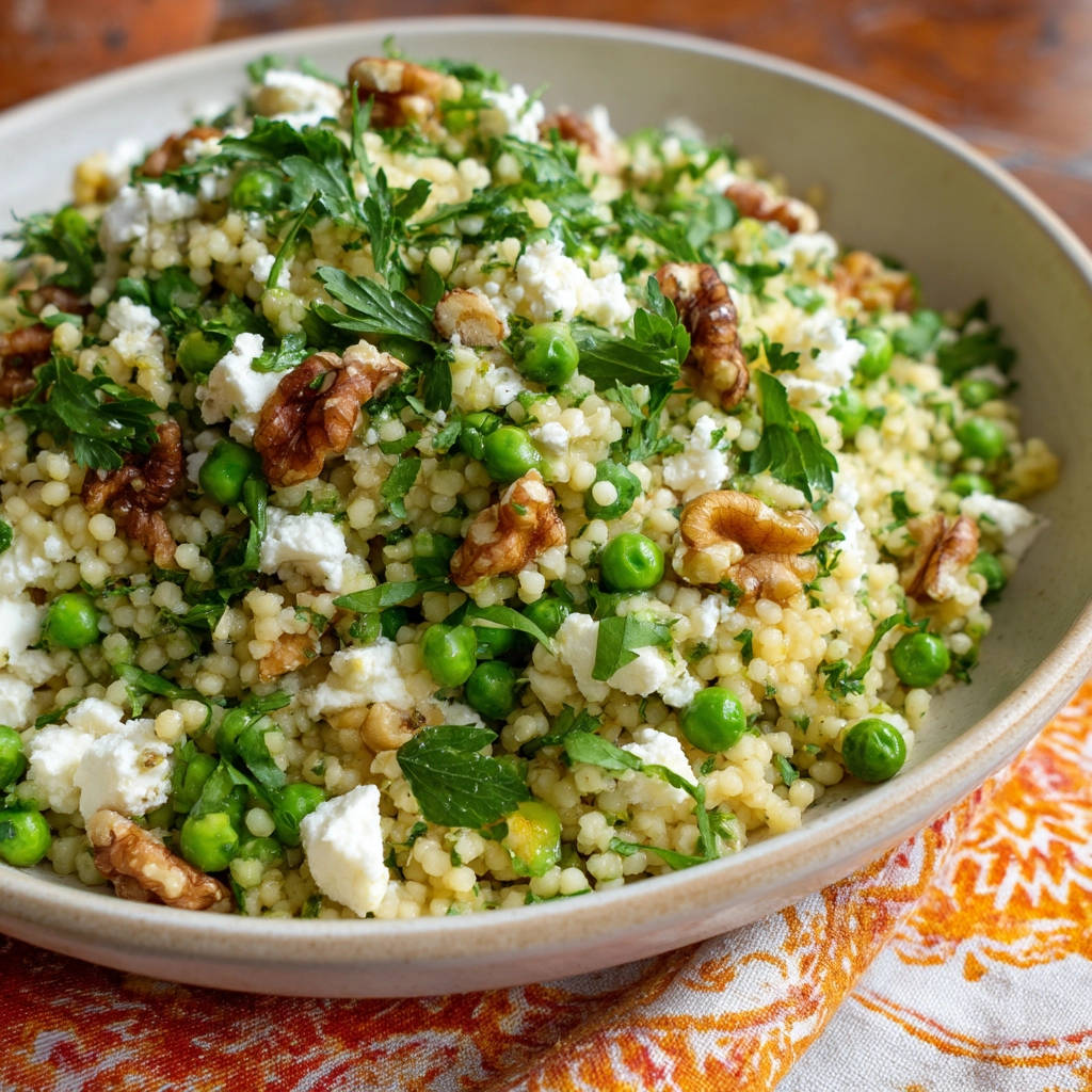 Easy couscous salad with peas, feta, and walnuts, showcasing its fluffy texture and fresh ingredients.