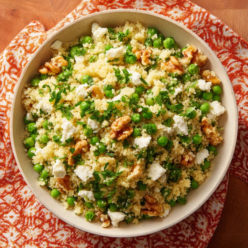 Easy couscous salad with peas, feta, and walnuts in a light-colored bowl, presented in an overhead view.