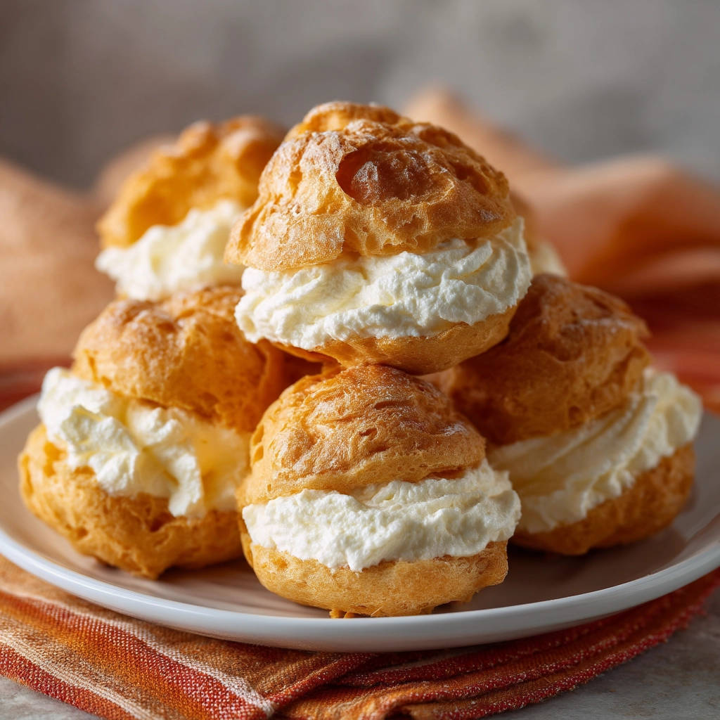 Easy cream puffs stacked high on a white plate, showcasing their golden pastry and fluffy cream filling.