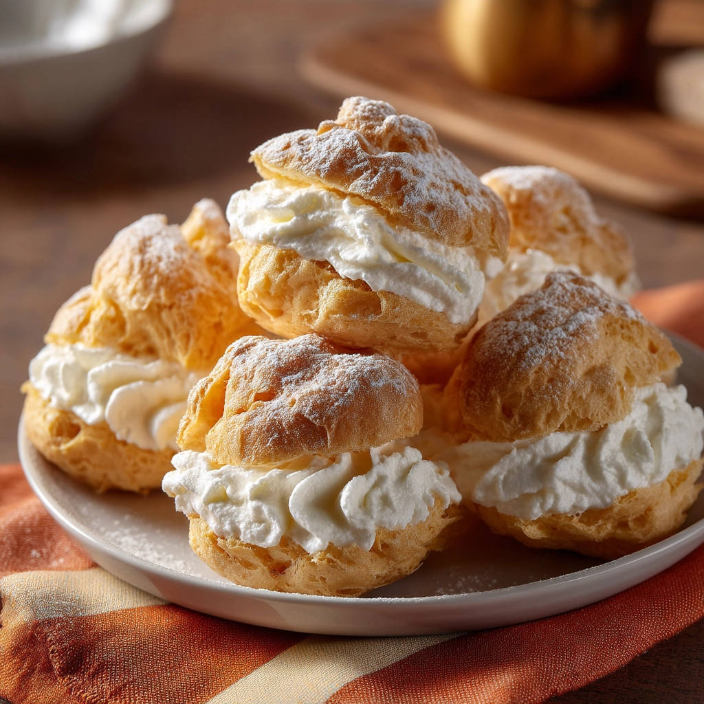 Easy cream puffs with whipped cream filling, dusted with powdered sugar, stacked on a white plate.